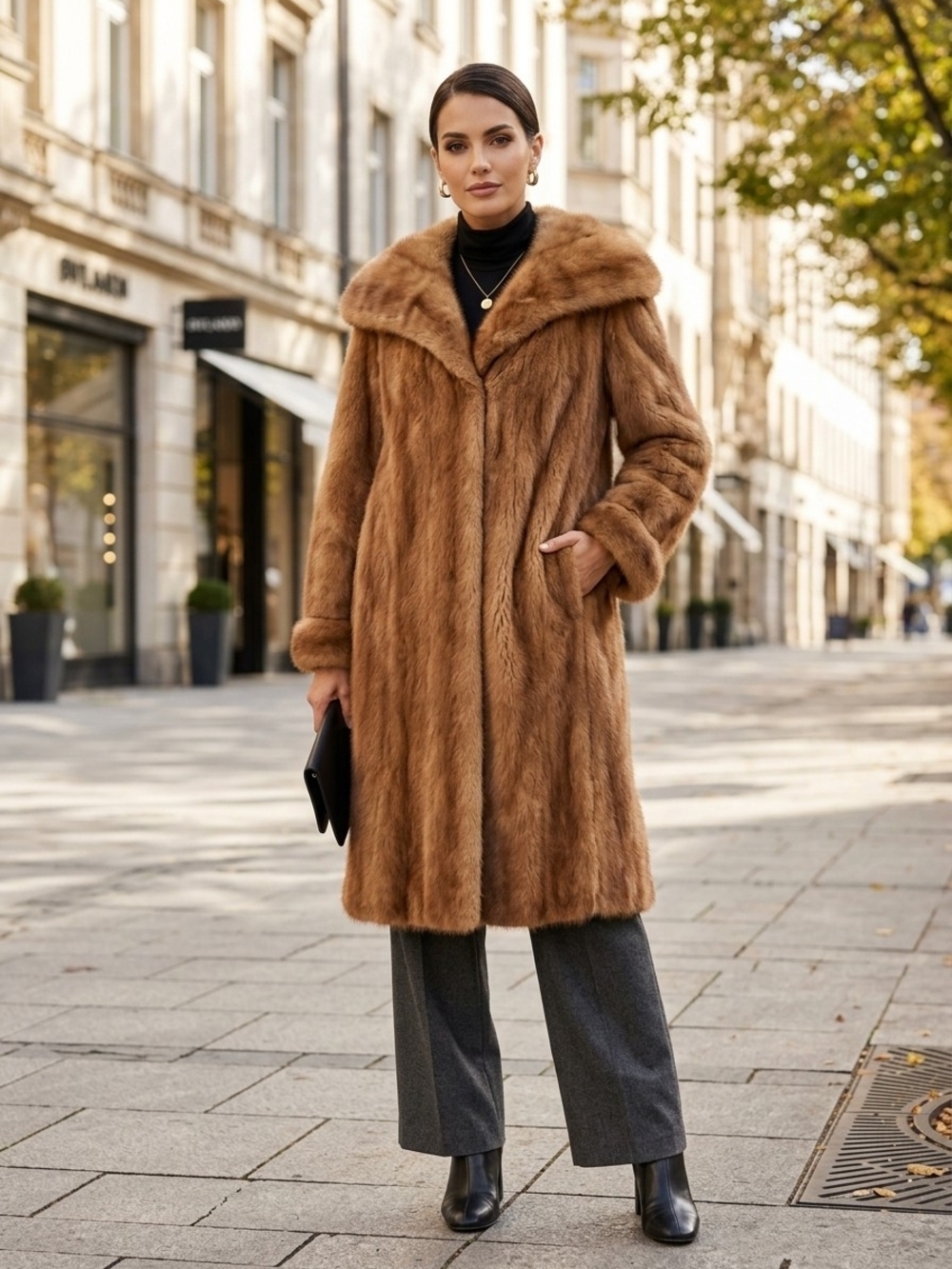 😍Vintage Full Length Genuine Mink Fur Coat in Pastel Chestnut Brown Size L/M